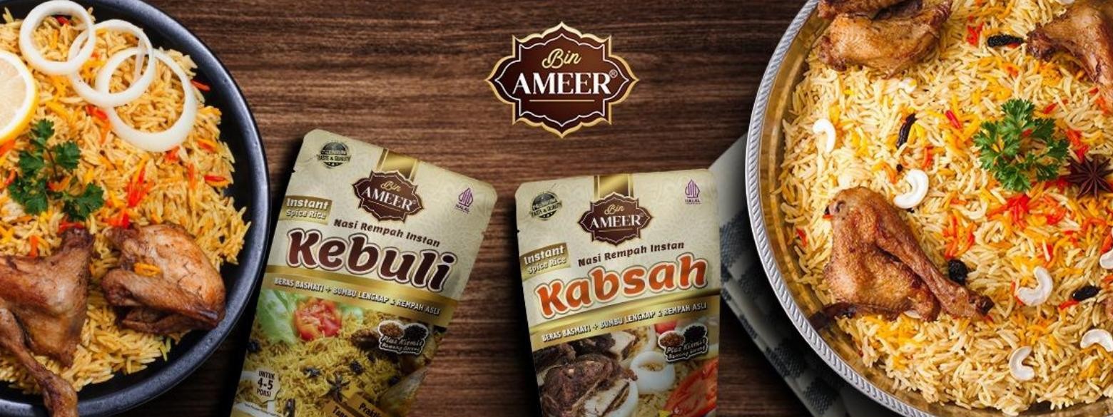 Kemasan Nasi Rempah Instan Bin Ameer — Kebuli & Kabsah, beras basmati dengan bumbu rempah asli